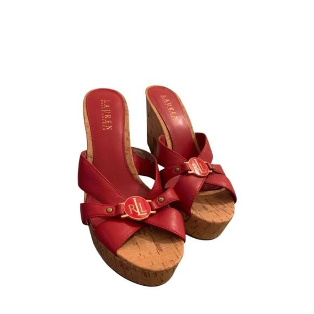 Ralph Lauren Heidi Platform Sandals Cork Sole Red Leather 7.5 B Vintage